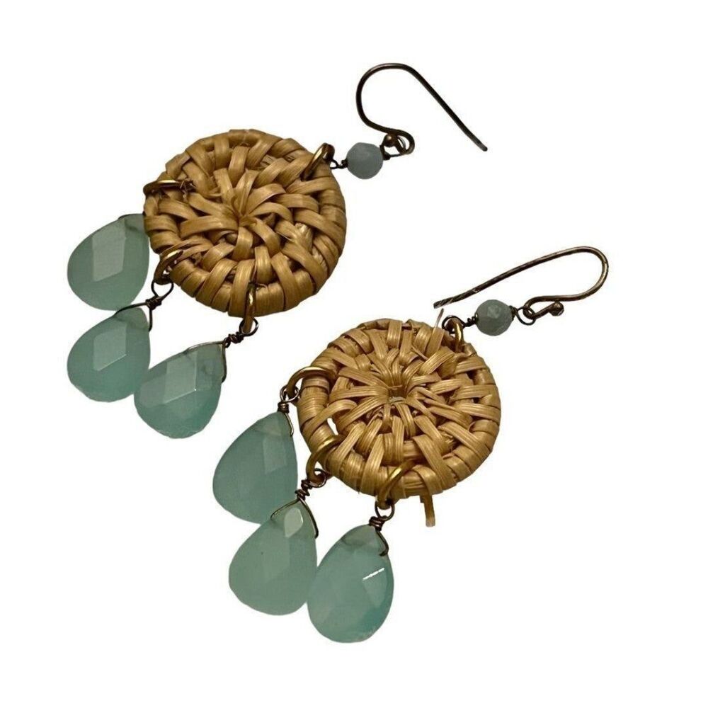 Straw earrings with crystal bead stones & gold tone holiday gifts for her